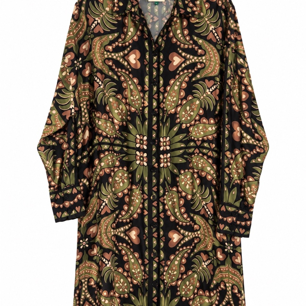 FARM Rio Black Paisley-Print Long Sleeve Dress with Olive & Peach Motif